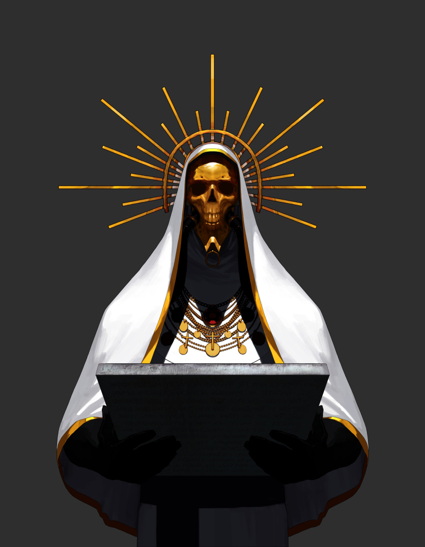 1boy absurdres black_background black_gloves commentary_request cross dgk gloves gold highres holding jewelry korean_commentary male_focus marble mask necklace original priest simple_background skull_mask solo stone_tablet
