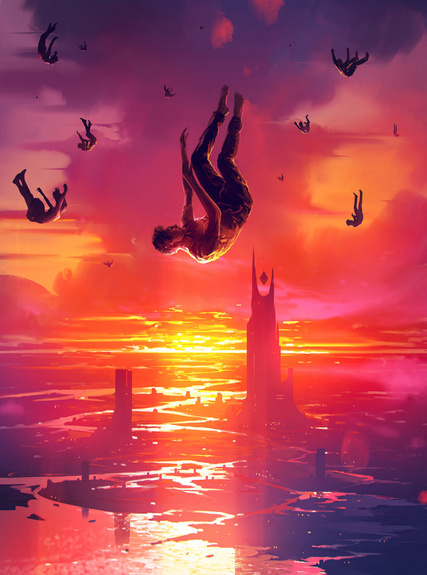 6+others absurdres barefoot clouds cloudy_sky falling from_side highres kalmahul multiple_others original pants people red_sky river scenery shirt short_hair short_sleeves sky sunset tower water