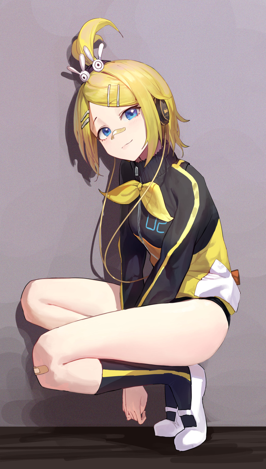 1girl absurdres ahoge bandaid bandaid_on_knee bandaid_on_nose black_footwear black_jacket blonde_hair blue_eyes closed_mouth full_body hair_ornament hairclip headphones highres jacket kagamine_rin light_smile looking_at_viewer mac_star multicolored_clothes multicolored_jacket shoes short_hair smile socks solo squatting thighs track_jacket two-tone_jacket vocaloid yellow_jacket