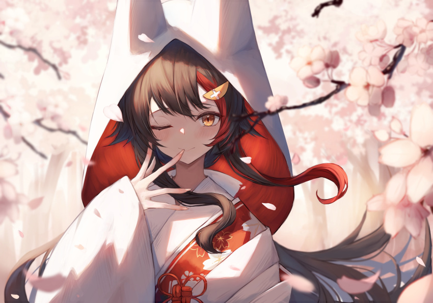 1girl absurdres brown_hair closed_mouth fingernails floral_print flower hair_ornament highres hololive hood inre_kemomimi long_hair looking_at_viewer one_eye_closed ookami_mio orange_eyes petals smile solo tail traditional_clothes upper_body virtual_youtuber wolf_girl wolf_tail