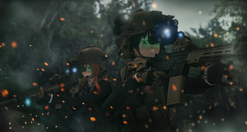 3d absurdres aiming assault_rifle black_hair blurry blush commentary custom_maid_3d_2 dark depth_of_field film_grain foregrip frown gloves gun headset helmet highres light_particles load_bearing_vest long_hair m4_carbine mcad_love military necktie night_vision_device redhead rifle short_hair soldier tactical_clothes tree weapon