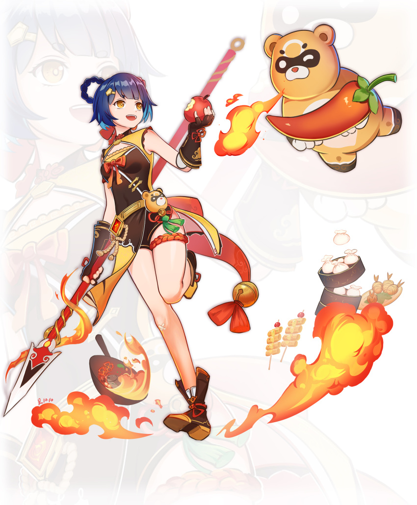 1girl :d absurdres apple bangs baozi bare_shoulders blue_hair breathing_fire brown_footwear brown_gloves brown_shorts chili_pepper chinese_clothes fingerless_gloves fire food fruit full_body genshin_impact gloves highres holding holding_food holding_fruit holding_polearm holding_weapon open_mouth polearm pot shorts simple_background sleeveless smile solo spear teeth tempura tingyu_(490101957) weapon white_background xiangling_(genshin_impact) yellow_eyes