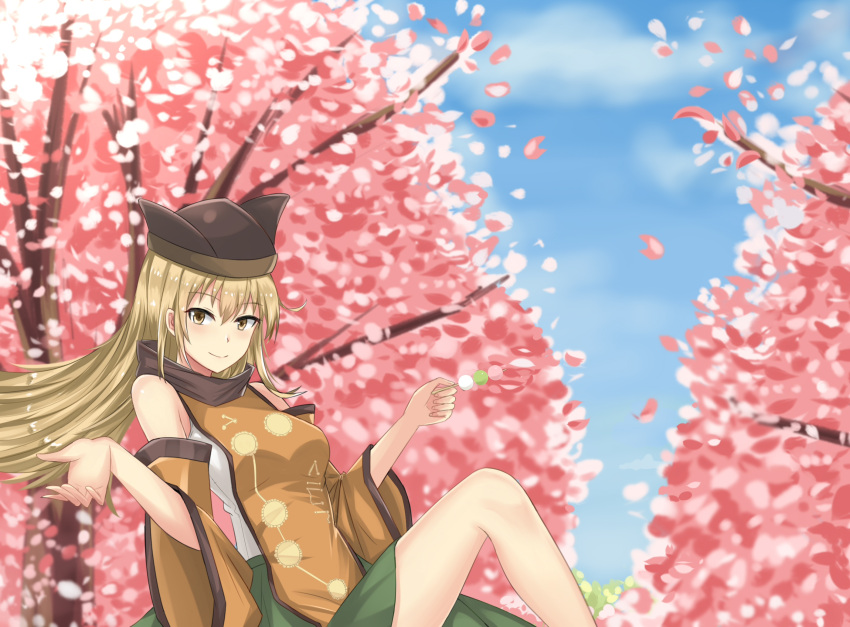 1girl bangs blonde_hair blue_sky blush branch breasts brown_headwear cape cherry_blossoms closed_mouth clouds cloudy_sky constellation constellation_print dango detached_sleeves eyebrows_visible_through_hair food grass green_skirt hair_between_eyes hands_up hat highres leaf long_hair long_sleeves looking_at_viewer matara_okina medium_breasts orange_cape petals shirt sitting skirt sky smile solo tabard touhou tree wagashi white_shirt wide_sleeves wuwusan yellow_eyes