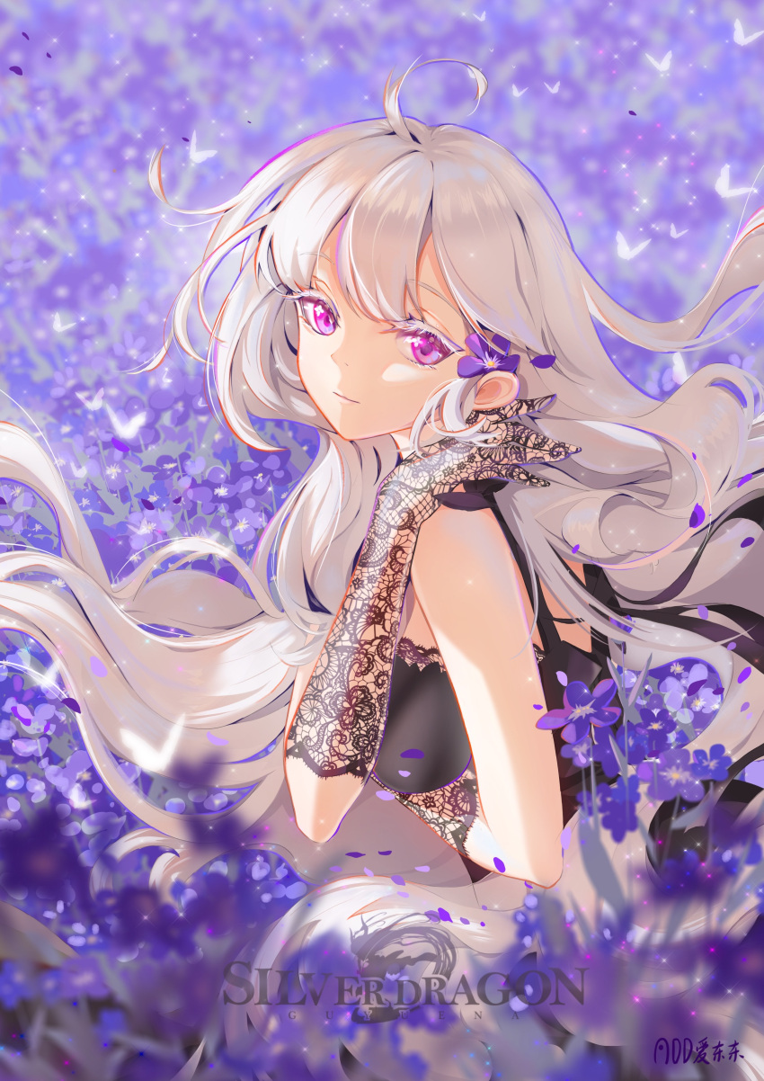 1girl absurdres ai_dongdong black_dress breasts bug butterfly douluo_dalu dress flower gloves gu_yuena hair_ornament highres lace lace_gloves large_breasts long_hair petals purple_flower silver_hair