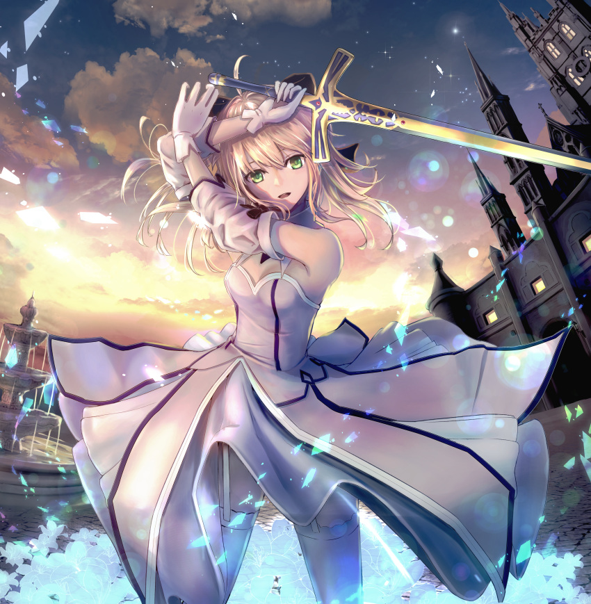absurdres aomaru_(shta-chu-jisuiai) artoria_pendragon_(fate) black_bow blonde_hair bow breasts building caliburn_(fate) detached_sleeves dress fate/grand_order fate_(series) garter_straps gloves green_eyes hair_bow highres holding holding_sword holding_weapon outdoors ponytail saber_lily sidelocks small_breasts sword thigh-highs weapon white_dress white_gloves white_legwear