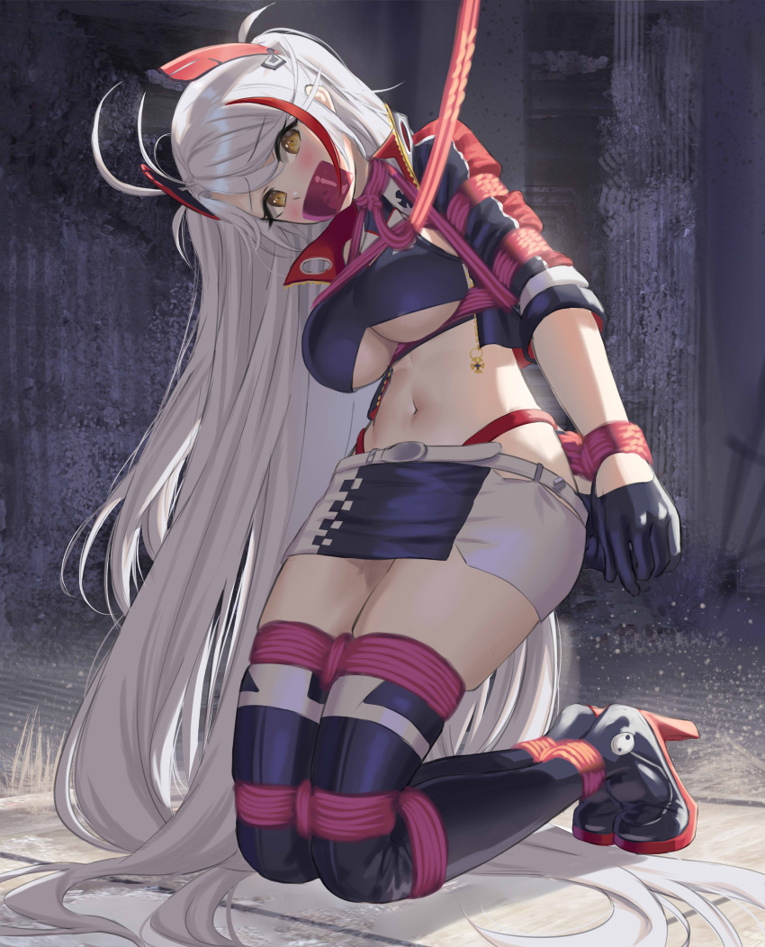 absurdres azur_lane bdsm belt blush bondage boots bound breasts cailin020 gag high_heel_boots high_heels highres long_hair looking_at_viewer miniskirt navel pale_skin prinz_eugen_(azur_lane) restrained shibari skirt thigh-highs thigh_boots thighs under_boob white_hair yellow_eyes