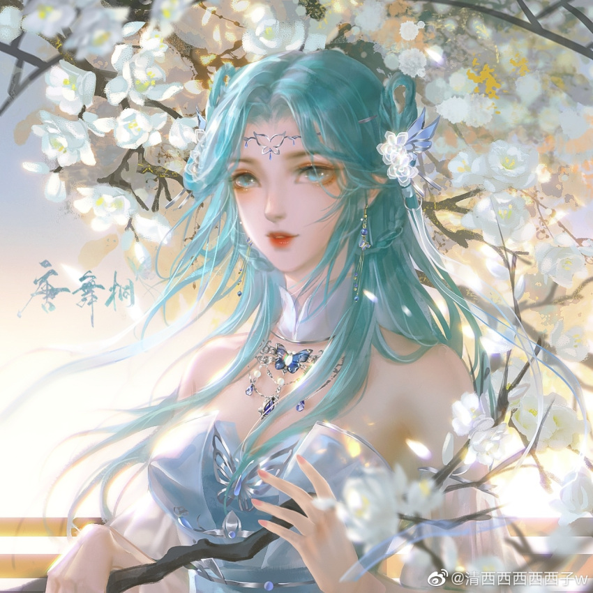 1girl blue_dress blue_hair blurry_eyes bug butterfly douluo_dalu dress flower hair_ornament highres jewelry light long_hair necklace qing_xixixixixizi_w tang_wutong_(douluo_dalu) weibo_id weibo_logo