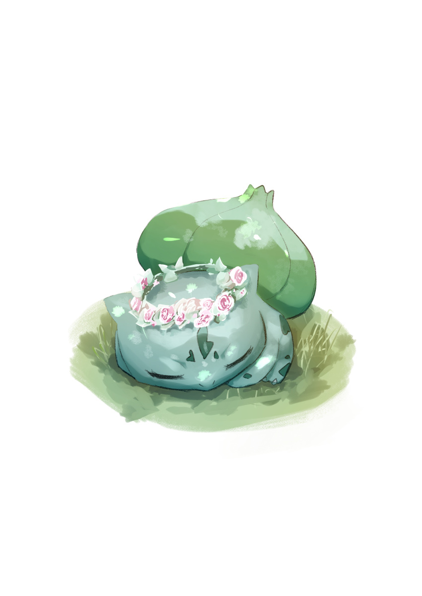 absurdres bulbasaur claws closed_eyes commentary_request full_body grass head_wreath highres lying no_humans on_stomach pokemon pokemon_(creature) sleeping solo suzume_(patapata_suzu) white_background