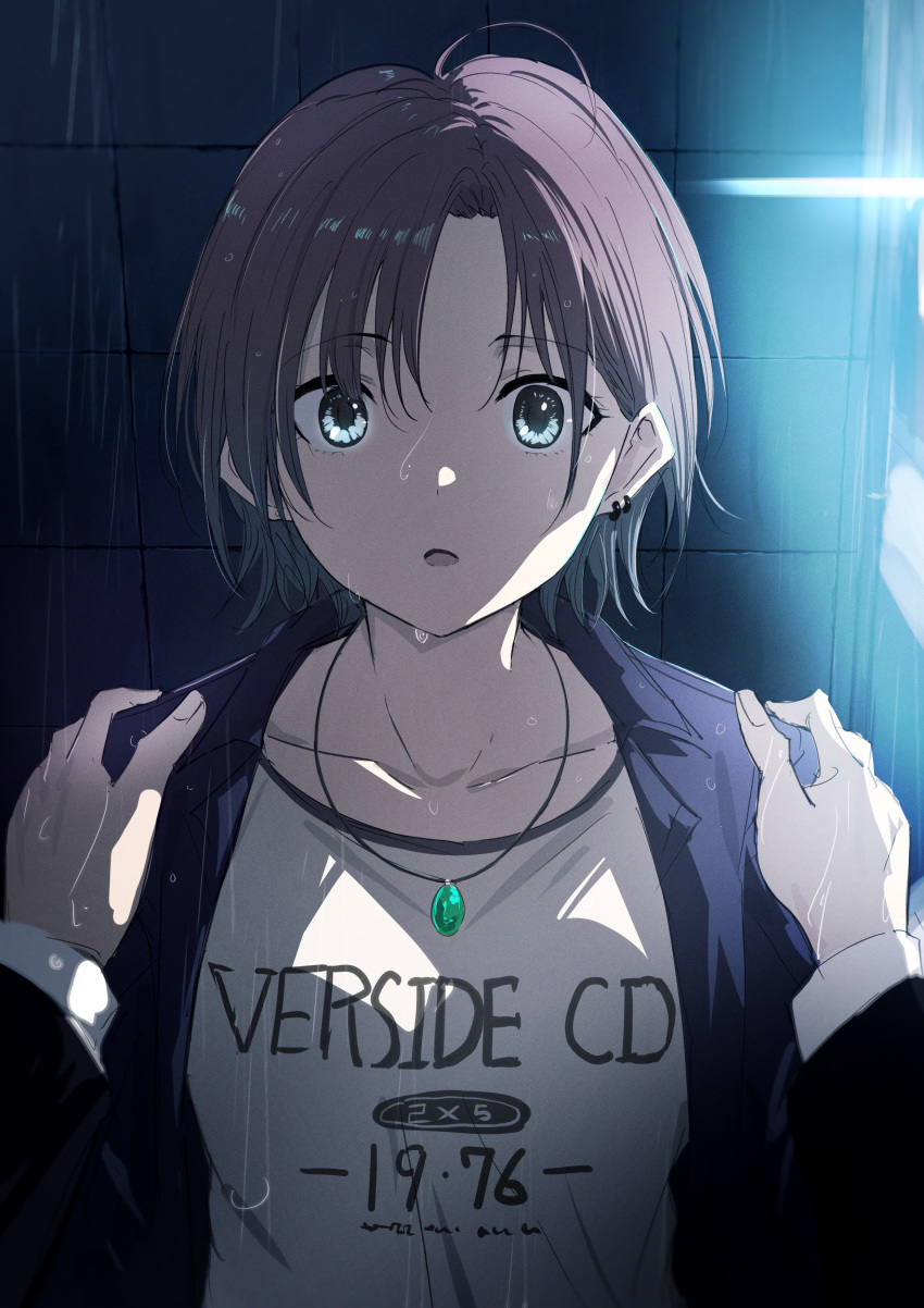 1boy 1girl :o absurdres ahoge asakura_tooru bangs black_sleeves blue_eyes blue_hair blue_jacket brown_hair collarbone earrings eyebrows_visible_through_hair flat_chest gradient_hair hands hands_on_another's_shoulders highres idolmaster idolmaster_shiny_colors jacket jewelry long_sleeves looking_at_viewer misaki_nonaka multicolored_hair necktie night out_of_frame outdoors parted_bangs pov rain shirt short_hair solo_focus wall water_drop white_shirt