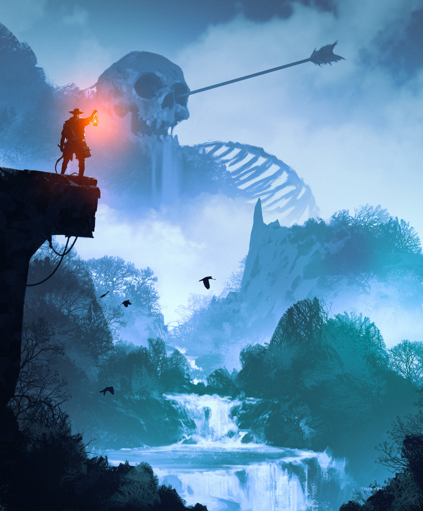 1boy absurdres animal arrow_(projectile) bird fog giant hat highres holding holding_lamp holding_whip kalmahul light nature night original outdoors river scenery skeleton skull solo standing water waterfall