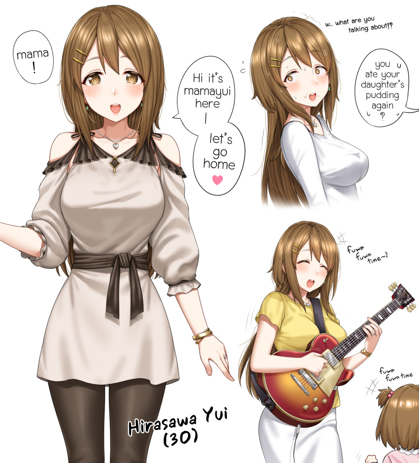 2girls absurdres bare_shoulders black_legwear blush brown_eyes brown_hair child closed_eyes earrings english_text guitar highres hirasawa_yui instrument jewelry k-on! long_hair mother_and_daughter multiple_girls older open_mouth pantyhose smile sweat white_background yakimi_27