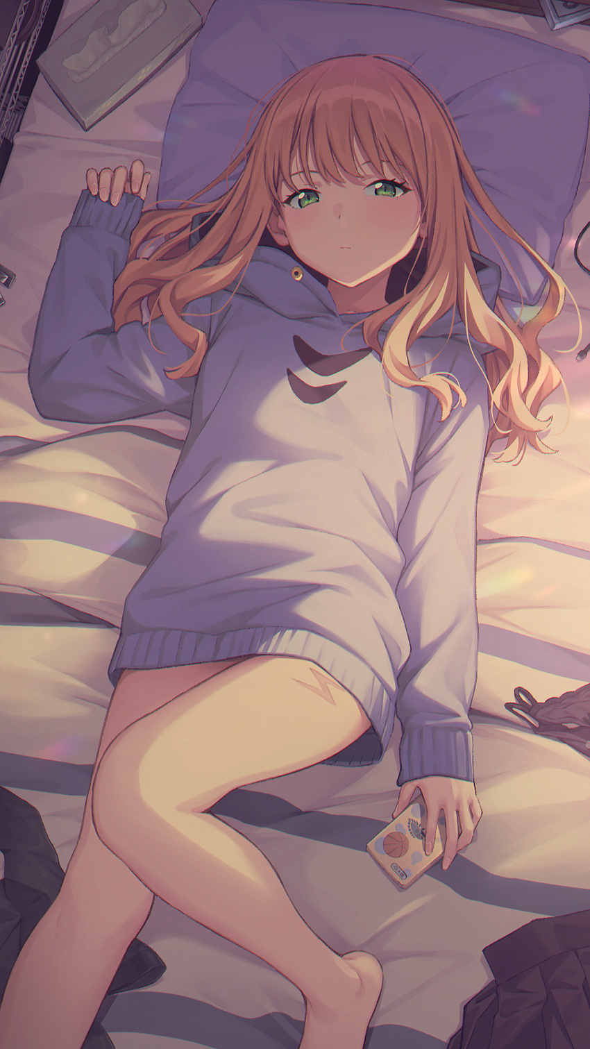 1girl bangs bare_legs barefoot bed_sheet black_legwear black_panties black_skirt blush brown_hair cellphone closed_mouth dutch_angle foot_out_of_frame green_eyes grey_sweater gridman_universe half-closed_eyes highres hood hooded_sweater hoodie lace-trimmed_panties lace_trim long_hair long_sleeves looking_at_viewer lying mikazuchi_zeus minami_yume nail_polish on_bed panties panties_removed pantyhose pantyhose_removed parted_lips phone pillow pink_nails pleated_skirt skirt skirt_removed sleeves_past_wrists smartphone solo ssss.dynazenon sweater underwear
