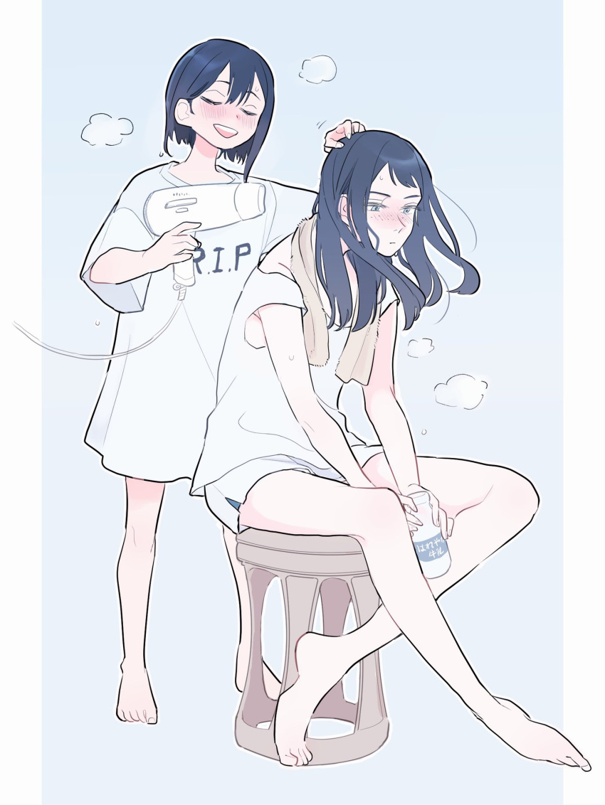 114iyo 2girls after_bathing asakusa_midori barefoot blush bottle closed_mouth drying drying_hair eizouken_ni_wa_te_wo_dasu_na! hair_dryer highres holding holding_bottle holding_hair_dryer kanamori_sayaka long_hair milk_bottle multiple_girls open_mouth oversized_clothes oversized_shirt shirt shorts sitting teeth towel towel_around_neck upper_teeth wet wet_hair white_shirt white_shorts