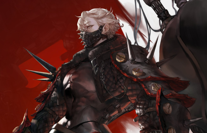 1boy armor belt black_jacket black_mask blonde_hair cable cropped highres jacket kkxmxx male_focus mask mouth_mask muscular muscular_male navel original padded_jacket pauldrons shoulder_armor solo spikes yellow_eyes zoom_layer