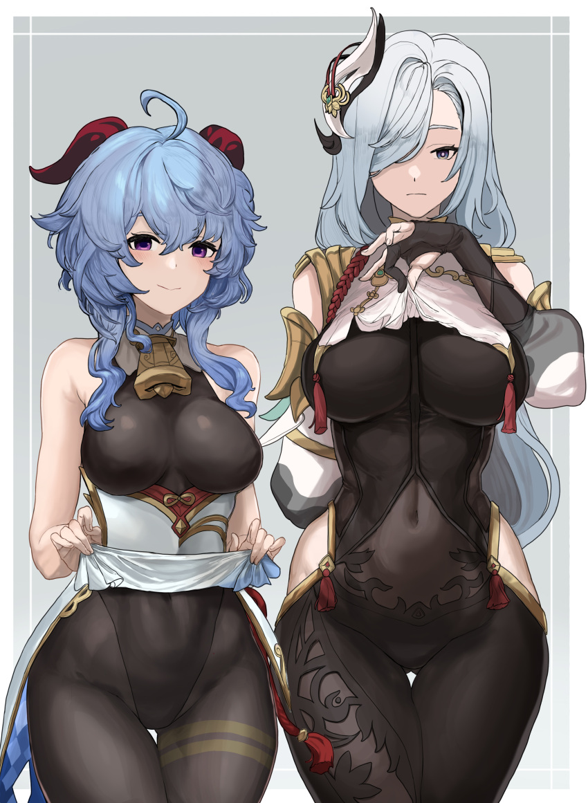 2girls :| absurdres ahoge armor armpit_crease bangs bare_shoulders bell black_bodysuit black_gloves blue_eyes blue_hair blush bodysuit braid braided_ponytail breasts chinese_knot closed_mouth clothing_cutout covered_navel cowbell cromanyong crop_top crop_top_overhang curled_horns elbow_gloves expressionless fingernails ganyu_(genshin_impact) genshin_impact gloves goat_horns gold_trim grey_background hair_ornament hair_over_one_eye highres hip_vent horns large_breasts lifted_by_self long_hair long_sleeves looking_at_viewer multiple_girls navel pantyhose partially_fingerless_gloves puffy_long_sleeves puffy_sleeves shenhe_(genshin_impact) shoulder_cutout side_cutout sidelocks silver_hair simple_background smile solo tabard tassel very_long_hair violet_eyes