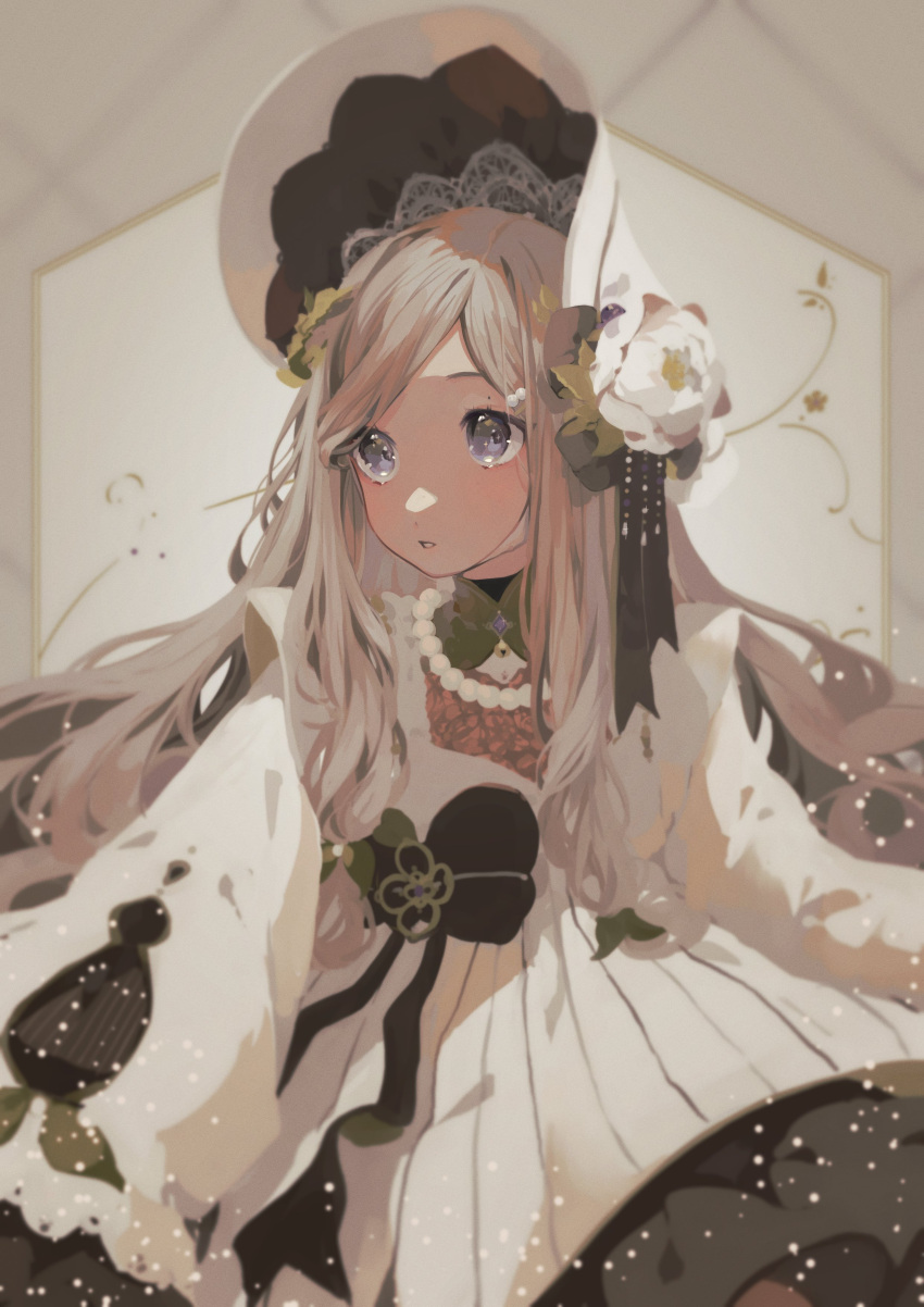 1girl absurdres bangs blush bonnet brown_hair dress eri_(vtuber) euphie_vt eyebrows_behind_hair flower grey_background grey_eyes hat hat_flower highres indie_virtual_youtuber jewelry lolita_fashion long_hair looking_to_the_side necklace parted_lips pearl_necklace solo virtual_youtuber white_dress white_flower white_headwear