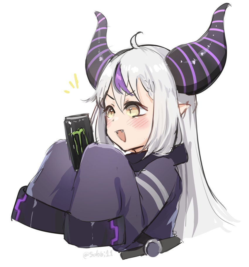 1girl absurdres ahoge blush can commentary fangs highres holding holding_can hololive horns la+_darknesss monster_energy multicolored_hair open_mouth pointy_ears purple_hair silver_hair simple_background sobbi11 streaked_hair twitter_username virtual_youtuber white_background yellow_eyes