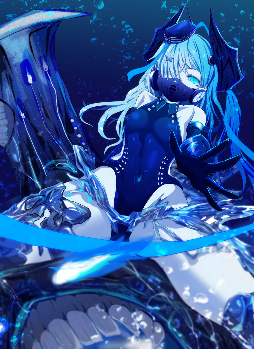 1girl abyssal_ship bangs blue_eyes blue_headwear breasts colored_skin commentary_request covered_navel elbow_gloves garrison_cap gloves glowing hair_ornament hair_over_one_eye hat highres kantai_collection long_hair mask medium_breasts mouth_mask one_eye_closed pale_skin solo star_(symbol) star_hair_ornament submarine_shark_water_oni swimsuit teeth twintails ukachimariko underwater water white_skin