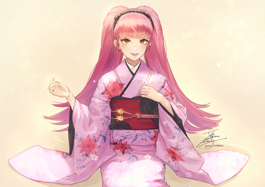 1girl bangs black_hairband blunt_bangs eyebrows_visible_through_hair fadingz female fire_emblem fire_emblem:_three_houses floral_print hairband hilda_valentine_goneril japanese_clothes kimono long_hair long_sleeves looking_at_viewer obi parted_lips pink_hair pink_kimono print_kimono red_eyes sash signature sitting smile solo twintails very_long_hair white_background wide_sleeves