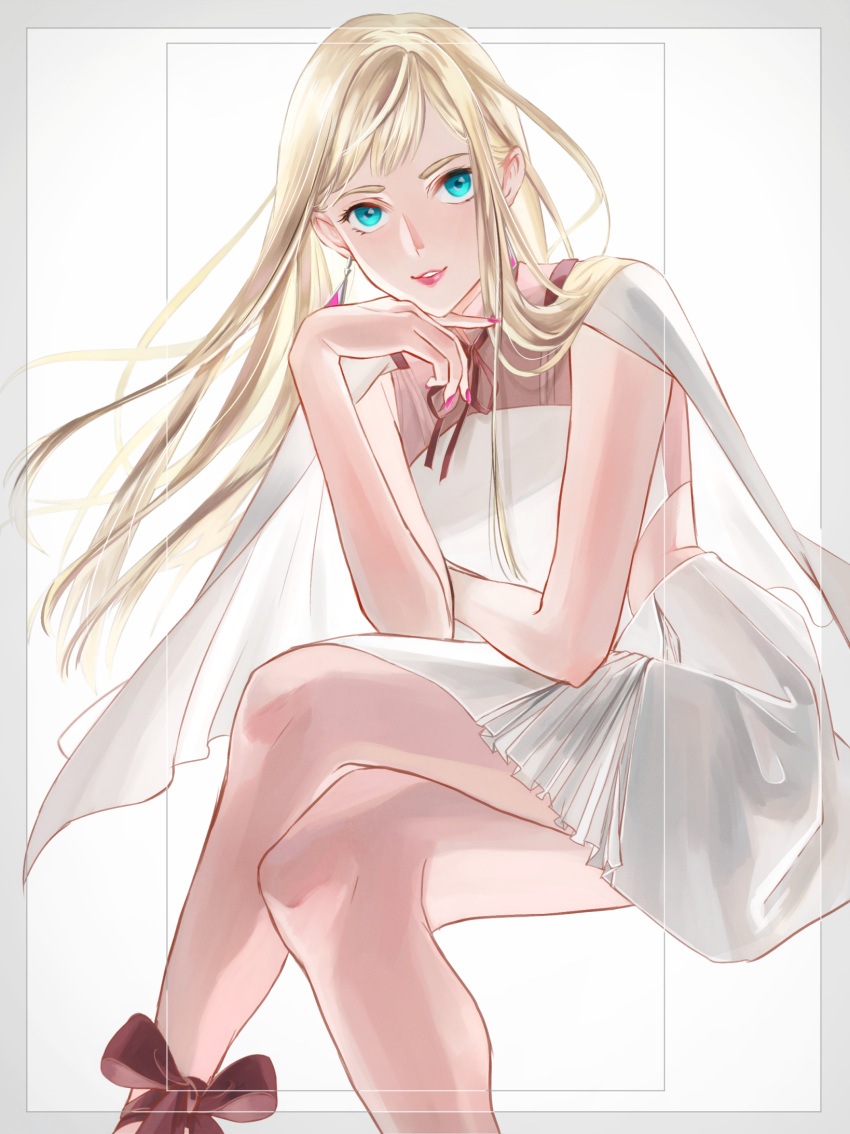 1girl ado002 bare_legs blonde_hair blue_eyes cape crossed_arms dress earrings floating_hair gigi_andalusia gundam gundam_hathaway's_flash highres jewelry lipstick long_hair looking_at_viewer makeup nail_polish neck_ribbon parted_lips red_nails ribbon short_dress sitting sleeveless sleeveless_dress solo very_long_hair white_cape white_dress
