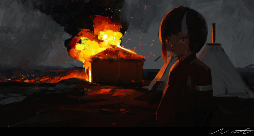 1girl absurdres black_hair building closed_mouth crying crying_with_eyes_open dark expressionless fire highres looking_at_viewer multicolored_hair night original outdoors rocher-hd short_hair signature smoke solo sparks streaked_hair symbol-only_commentary tears tent white_hair