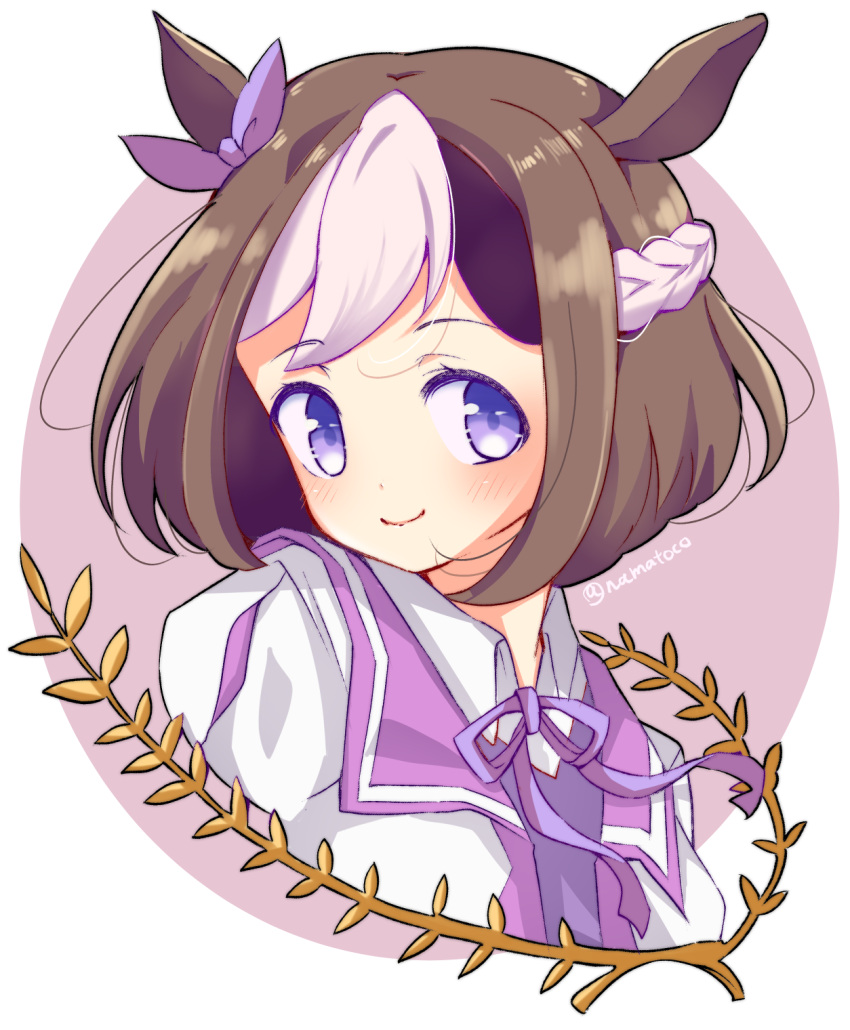 1girl animal_ears brown_hair closed_mouth collared_shirt commentary cropped_torso ear_ribbon hachimaki headband highres horse_ears horse_girl jacket looking_at_viewer multicolored_hair namatyoco neck_ribbon portrait purple_ribbon purple_sailor_collar ribbon sailor_collar shirt short_hair smile solo special_week_(umamusume) twitter_username two-tone_hair umamusume violet_eyes white_hair white_headband white_jacket white_shirt wing_collar
