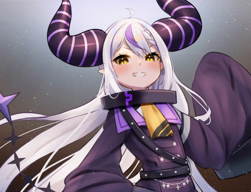 1girl ahoge ascot bangs blush collar commentary grin highres hololive horns jacket la+_darknesss light_particles long_hair long_sleeves looking_at_viewer metal_collar multicolored_hair ootsuka_you purple_hair purple_jacket silver_hair sleeves_past_fingers sleeves_past_wrists smile solo streaked_hair tail teeth upper_body upper_teeth very_long_hair virtual_youtuber yellow_ascot yellow_eyes