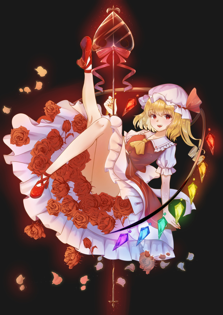 1girl :d absurdres bangs blonde_hair blush crystal dark_background eyebrows_visible_through_hair flandre_scarlet flower full_body hair_between_eyes hat highres laevatein_(touhou) leg_up looking_at_viewer mob_cap one_side_up outer_glow red_eyes red_flower red_rose rose smile solo sora_223 touhou wings