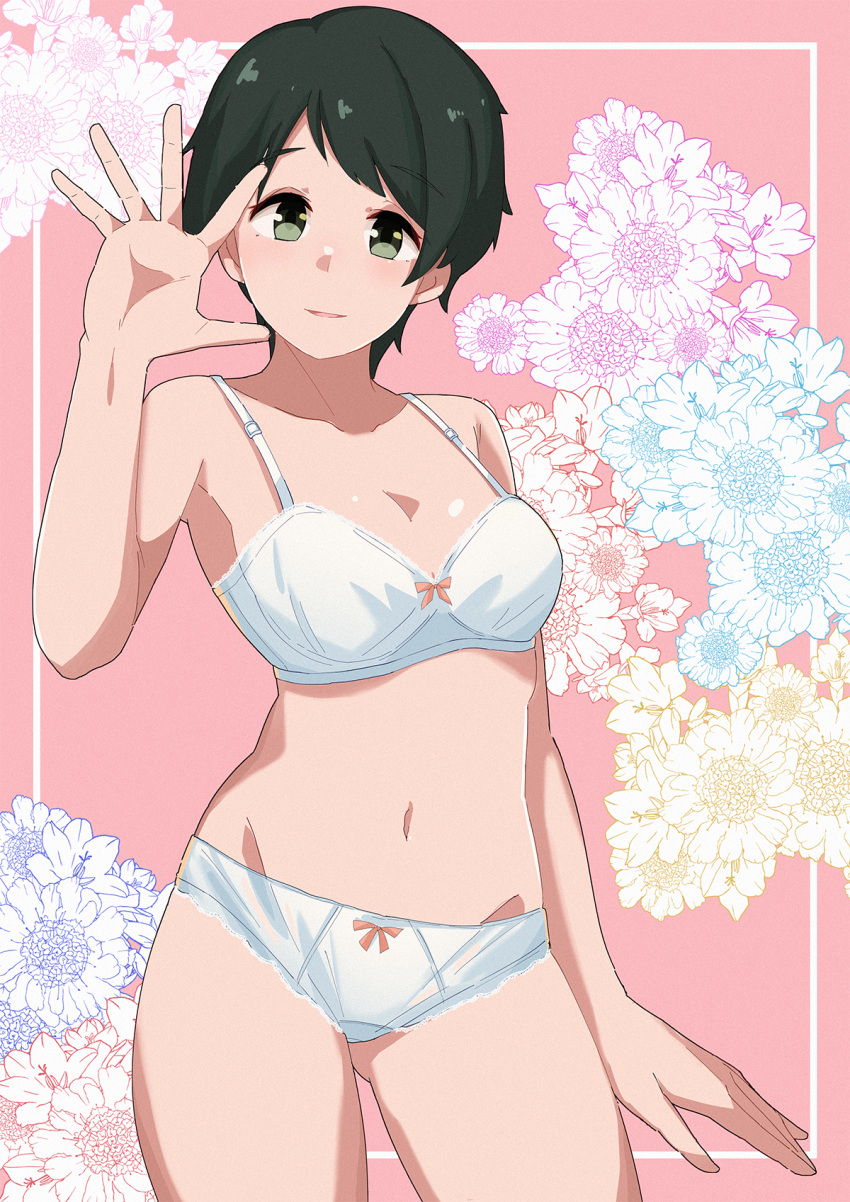 1girl bangs black_hair bra commentary_request contrapposto cowboy_shot floral_background green_eyes highres kantai_collection looking_at_viewer mogami_(kancolle) mori_tarou panties short_hair shorts solo standing swept_bangs underwear underwear_only white_bra white_panties