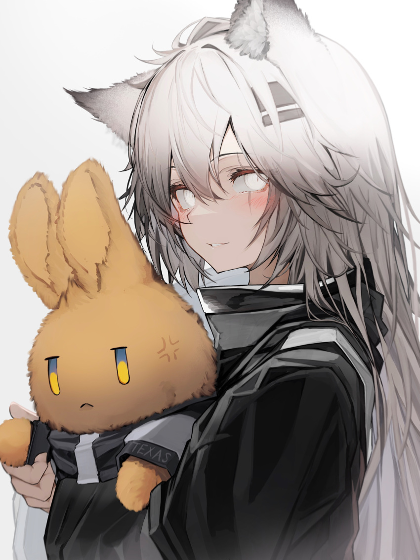 1girl absurdres anger_vein animal_ear_fluff animal_ears arknights black_jacket blush closed_mouth gradient gradient_background grey_background hair_between_eyes hair_ornament highres jacket lappland_(arknights) long_hair long_sleeves looking_at_viewer parted_lips scar scar_across_eye smile tab_head upper_body white_eyes white_hair