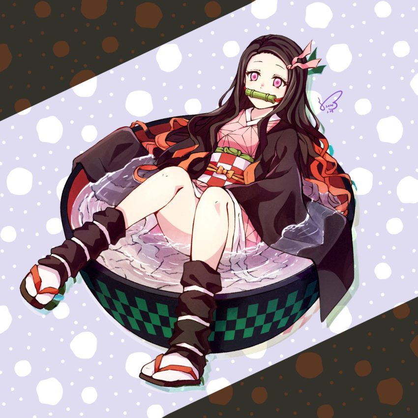 1girl bit_gag black_hair bowl full_body gag haori highres japanese_clothes kamado_nezuko kimetsu_no_yaiba kimono kogawa_(kris_386k) long_hair multicolored_hair pink_eyes pink_kimono print_kimono redhead short_kimono solo tabi two-tone_hair very_long_hair water