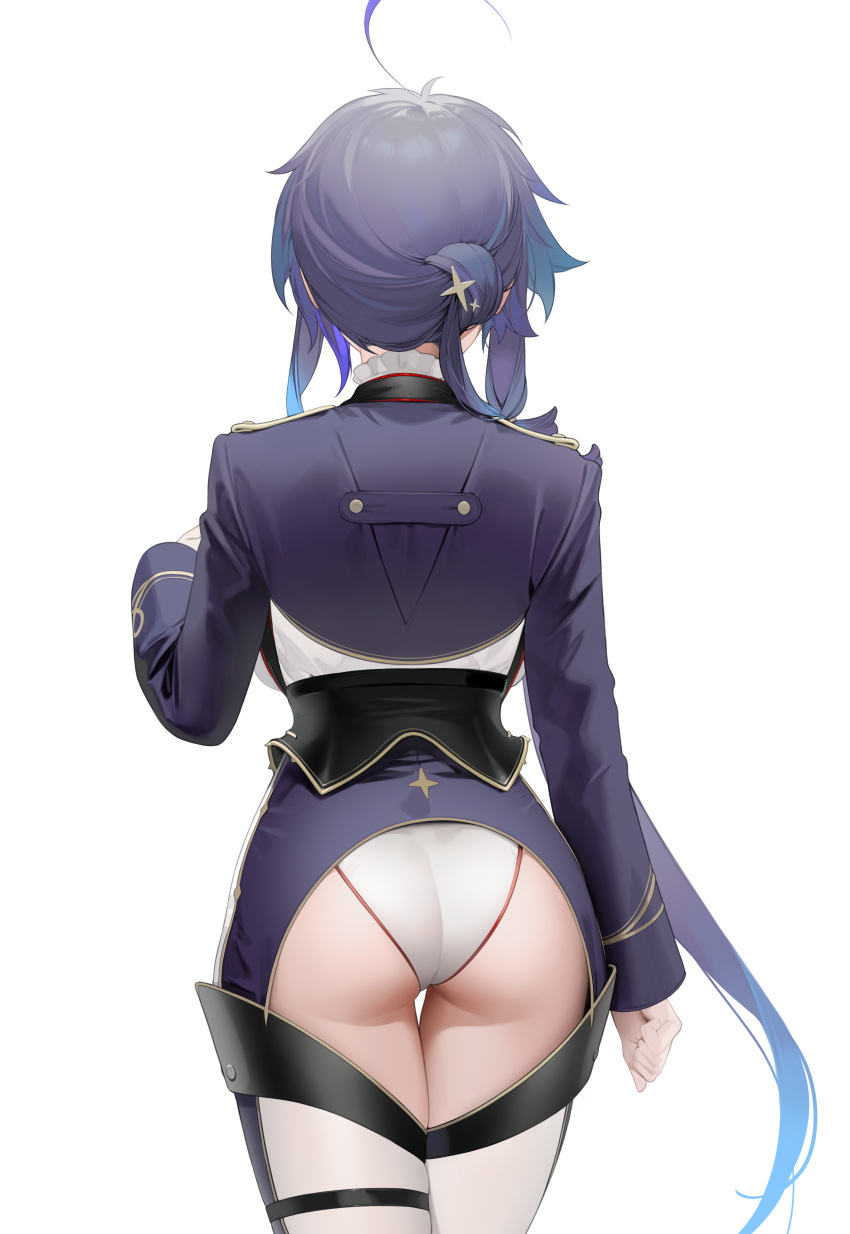 1girl absurdres ahoge ass ass_cutout asymmetrical_hair azur_lane backboob breasts clenched_hand clothing_cutout commentary_request cowboy_shot foch_(azur_lane) from_behind gradient_hair highres jacket leotard long_hair long_sleeves military military_uniform multicolored_hair ohisashiburi purple_hair purple_jacket simple_background solo thigh-highs tied_hair uniform white_background white_leotard