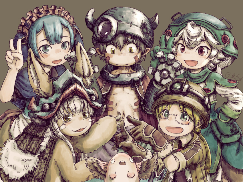 animal_ears blue_hair bunta50 commentary_request eyewear_on_head furry furry_female gloves gradient gradient_background helmet highres looking_at_viewer made_in_abyss mechanical_parts multiple_boys multiple_girls nanachi_(made_in_abyss) nanachi_(made_in_abyss)_(human) navel pose rabbit_ears regu_(made_in_abyss) riko_(made_in_abyss) touching v