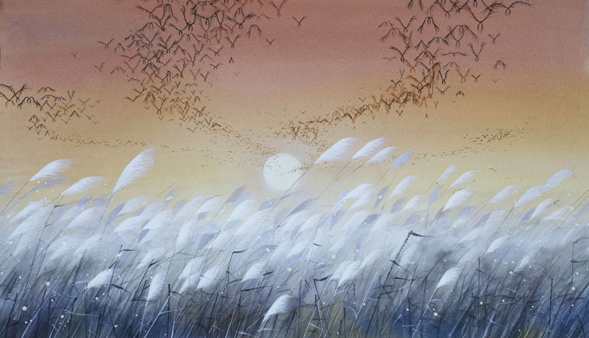 amber_t bird chinese_commentary commentary_request field gradient_sky grass mushi_(mushishi) mushishi nature no_humans orange_sky outdoors painting_(medium) plant scenery sky sun swarm traditional_media twilight watercolor_(medium)