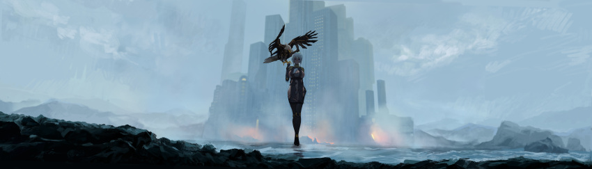 1girl absurdres bird black_gloves black_legwear blue_eyes blue_hair breasts city closed_mouth clouds cloudy_sky commentary dark-skinned_female dark_skin gloves hand_up highres large_breasts medium_hair navel original outdoors robot rocher-hd scenery sky solo symbol-only_commentary thigh-highs walking wide_shot