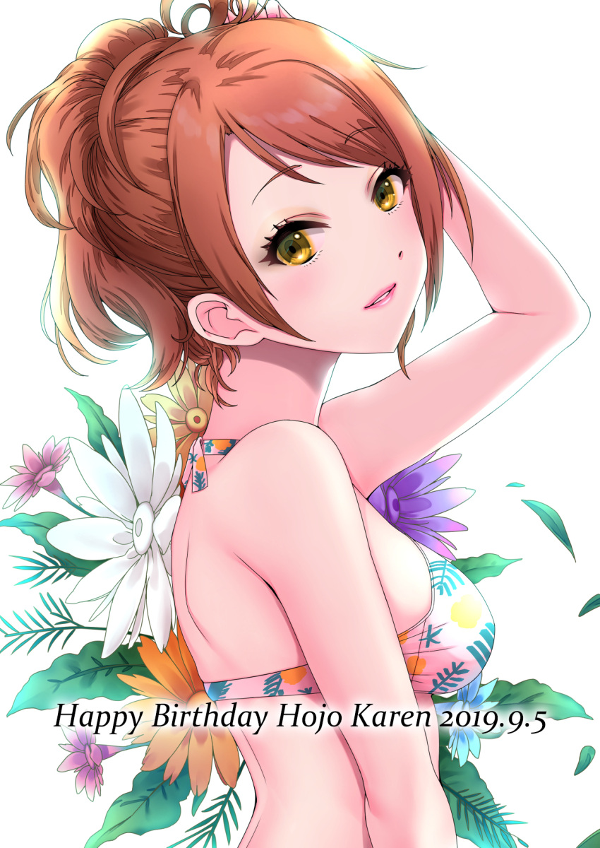 1girl back bikini bikini_top brown_hair dated eyebrows_visible_through_hair floral_background flower hand_on_own_head happy_birthday highres hojo_karen idolmaster idolmaster_cinderella_girls idolmaster_cinderella_girls_starlight_stage looking_at_viewer maou_(demonlord) smile solo string_bikini swimsuit yellow_eyes