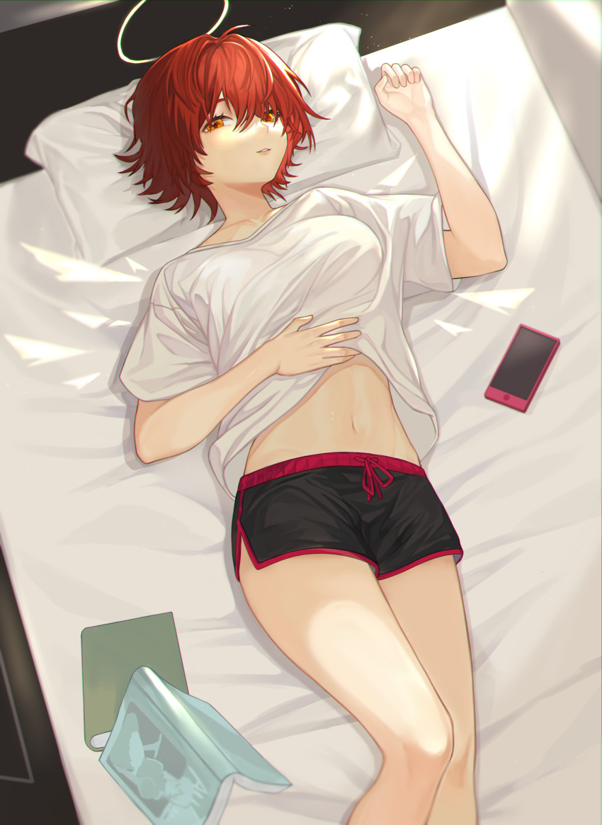 1girl absurdres arknights bangs bed black_shorts book cellphone dolphin_shorts exusiai_(arknights) feet_out_of_frame halo hand_up highres looking_at_viewer lying midriff navel on_back orange_eyes parted_lips phone redhead shirt short_hair short_sleeves shorts smartphone solo stomach thighs white_shirt yowza