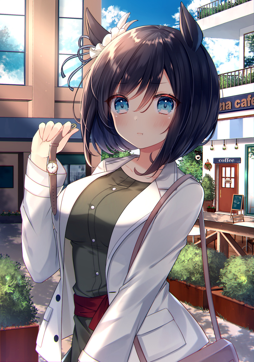 1girl :t animal_ears bag bangs black_hair blue_eyes breasts building bush buttons cafe casual chair chalkboard_sign collarbone commentary_request dot_nose dress eishin_flash_(umamusume) english_text green_dress handbag haruhitooo highres holding_wristwatch horse_ears jacket large_breasts long_sleeves looking_at_viewer outdoors plant pocket potted_plant pout short_hair shoulder_bag solo table umamusume white_jacket window