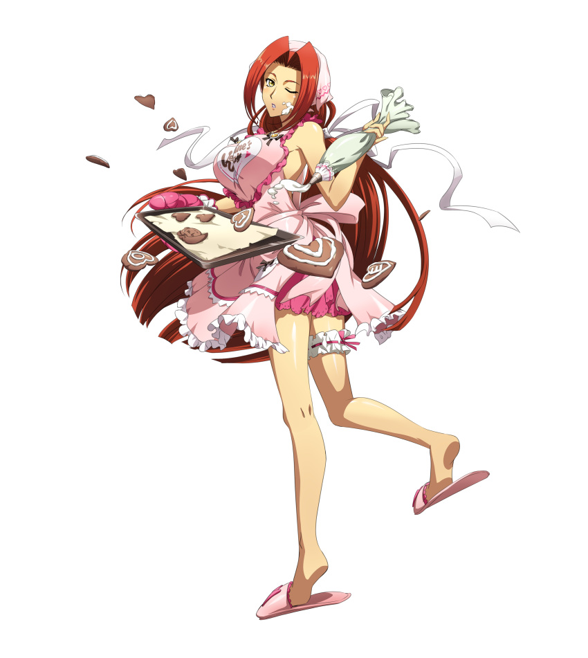 1girl absurdres apron bare_legs breasts floating_hair full_body hair_tubes highres holding langrisser langrisser_iii large_breasts long_hair looking_at_viewer miniskirt official_art one_eye_closed parted_lips pink_apron pink_footwear pink_skirt redhead ribbon shiny shiny_hair shiny_skin skirt slippers solo standing transparent_background varna_(langrisser_iii) very_long_hair white_ribbon yellow_eyes