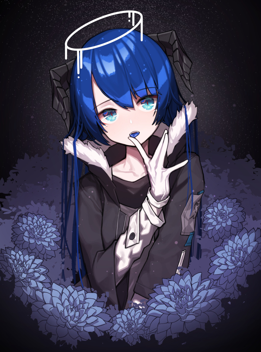 1girl absurdres arknights bangs beudelb black_jacket blue_eyes blue_flower blue_tongue collarbone colored_tongue dark_background demon_horns eyebrows_visible_through_hair finger_to_tongue flower fur-trimmed_jacket fur_trim gloves halo head_tilt highres horns jacket long_hair long_sleeves looking_at_viewer mostima_(arknights) open_clothes open_jacket open_mouth solo tongue tongue_out upper_body white_gloves