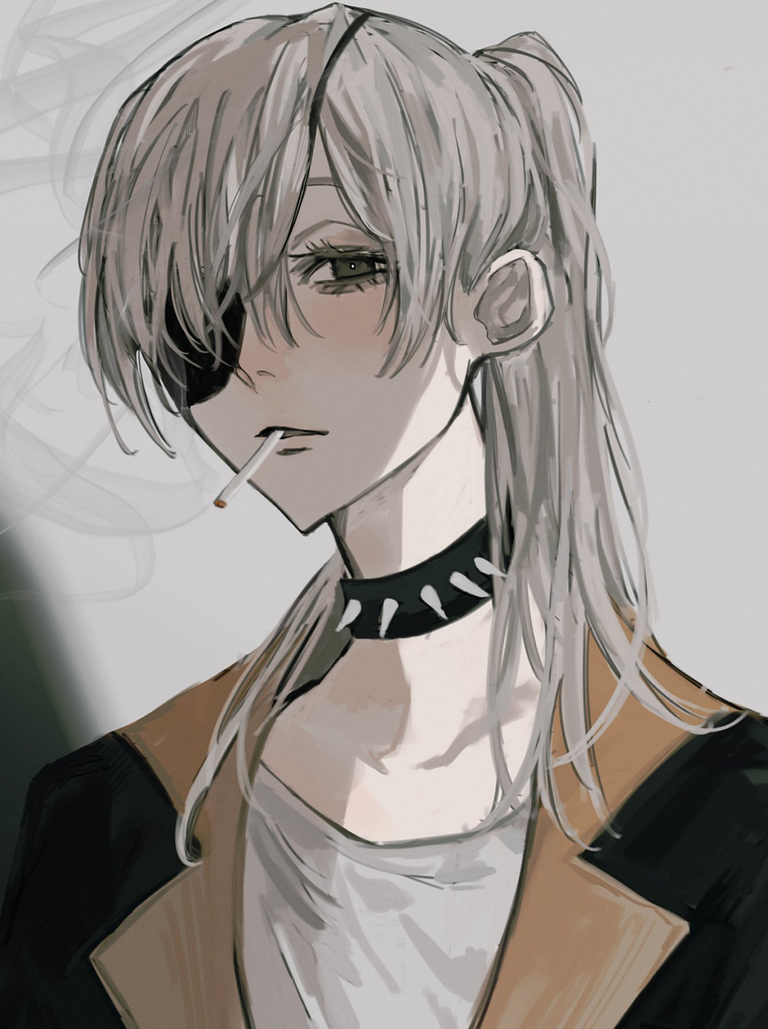 1girl black_eyepatch bright_pupils chainsaw_man cigarette collar collarbone eyelashes eyepatch grey_eyes grey_hair highres long_eyelashes long_hair looking_at_viewer mouth_hold noroma02 parted_lips ponytail smoking solo spiked_collar spikes upper_body white_pupils