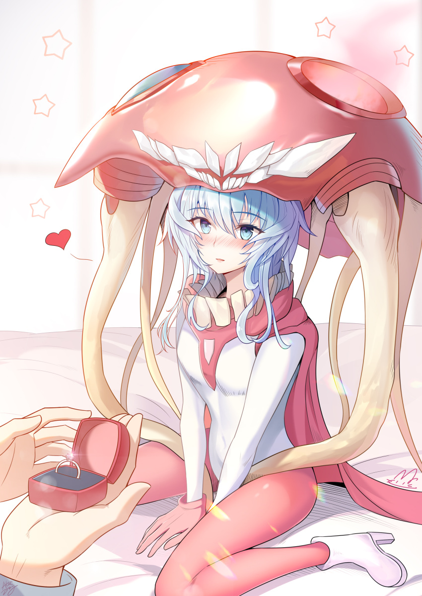 1girl absurdres abyssal_ship alexzhang blue_eyes boots cape covered_navel gloves heart high_heel_boots high_heels highres jewelry kantai_collection long_hair male_hand pink_cape pink_gloves ring solo_focus tentacles wedding_ring white_footwear white_hair wo-class_aircraft_carrier