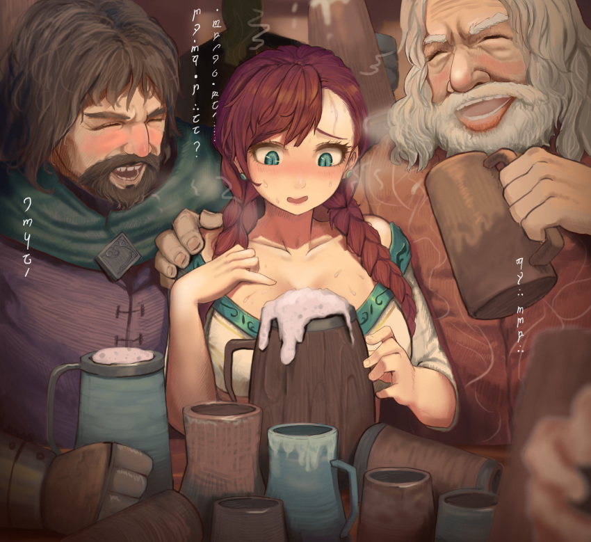 1girl 2boys absurdres beard beer_mug blush braid breasts breath brown_hair clasp cloak collarbone crop_top cup drunk durin_(liangzi_tai_hongcha) earrings empty eyelashes facial_hair foam gauntlets green_eyes hand_on_another's_shoulder hand_on_own_chest highres holding holding_cup jewelry large_breasts laughing liangzi_tai_hongcha long_hair looking_at_object mug multiple_boys muscular nervous open_mouth original print_legwear redhead sandals shirt slit_pupils stud_earrings sweat table tavern tengwar_text translated tunic twin_braids viking white_hair white_shirt