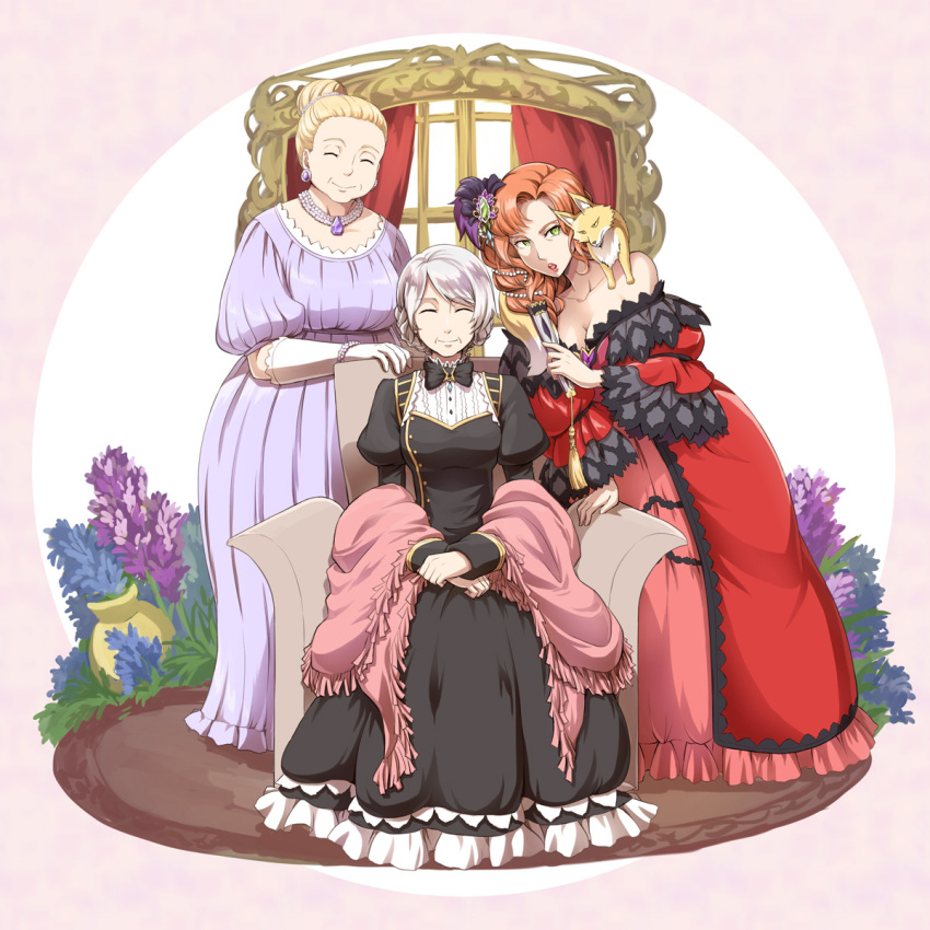 3girls asymmetrical_hair bangs black_bow black_bowtie black_dress blonde_hair bow bowtie braid chair character_request closed_eyes closed_mouth commentary_request dien_(ragnarok_online) dress fox french_braid frilled_dress frills full_body hair_bun highres jewelry juliet_sleeves long_sleeves looking_at_viewer medium_hair multiple_girls natsuya_(kuttuki) necklace off-shoulder_dress off_shoulder old old_woman orange_hair pink_dress puffy_sleeves ragnarok_online red_dress short_hair sitting smile standing white_background white_hair window