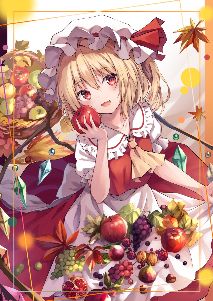 1girl :d apricot_(fruit) apron ascot autumn_leaves bangs blonde_hair blush bow collarbone commentary_request crystal eyebrows_visible_through_hair eyelashes flandre_scarlet flat_chest food frilled_apron frilled_shirt_collar frilled_sleeves frills fruit fruit_basket grapes hat hat_bow hat_ribbon highres holding holding_food holding_fruit kure~pu looking_at_viewer mob_cap open_mouth peach pomegranate puffy_short_sleeves puffy_sleeves red_bow red_eyes red_ribbon red_skirt red_vest ribbon short_sleeves skirt smile solo touhou upper_body vest white_apron white_headwear wings yellow_ascot