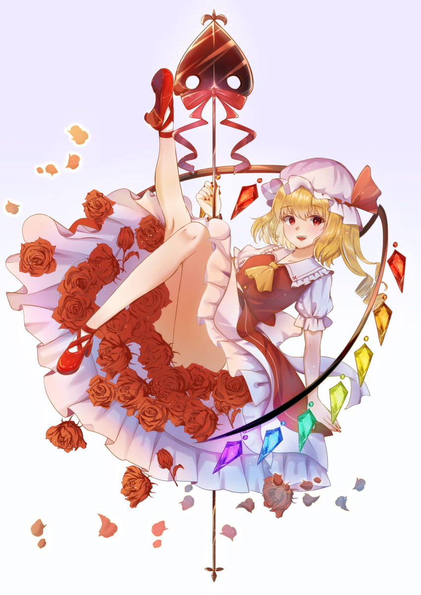 1girl :d absurdres bangs blonde_hair blush crystal eyebrows_visible_through_hair flandre_scarlet flower full_body hair_between_eyes hat highres laevatein_(touhou) leg_up looking_at_viewer mob_cap one_side_up red_eyes red_flower red_rose rose smile solo sora_223 touhou wings