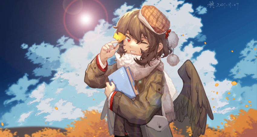 1girl alternate_costume autumn bag bangs beret bird_wings black_hair black_wings book bow brown_headwear brown_jacket clouds dated day feathered_wings furahata_gen ginkgo_leaf hands_up hat hat_bow highres holding holding_book holding_leaf jacket layered_clothing leaf lens_flare long_sleeves looking_at_viewer nail_polish one_eye_closed outdoors pom_pom_(clothes) red_bow red_eyes red_nails scarf shameimaru_aya short_hair shoulder_bag sidelocks sky smile solo sun touhou white_scarf wings