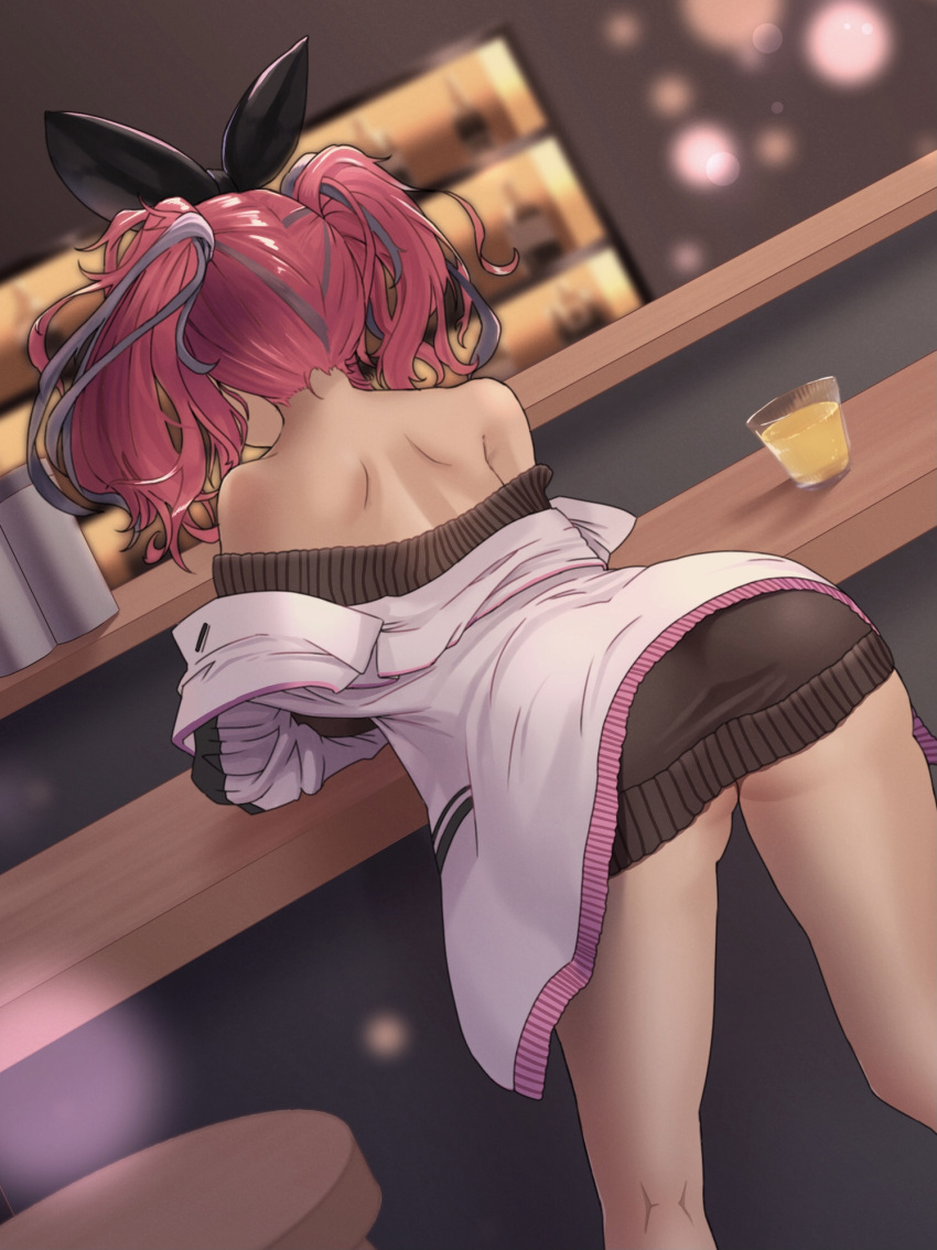 1girl ass azur_lane bar bare_shoulders black_bow bow bremerton_(azur_lane) bremerton_(day-off_date)_(azur_lane) brown_dress dress drink from_behind hair_bow hair_ornament highres jacket long_hair long_sleeves off_shoulder official_alternate_costume pink_hair shu.mu solo thighs twintails white_jacket