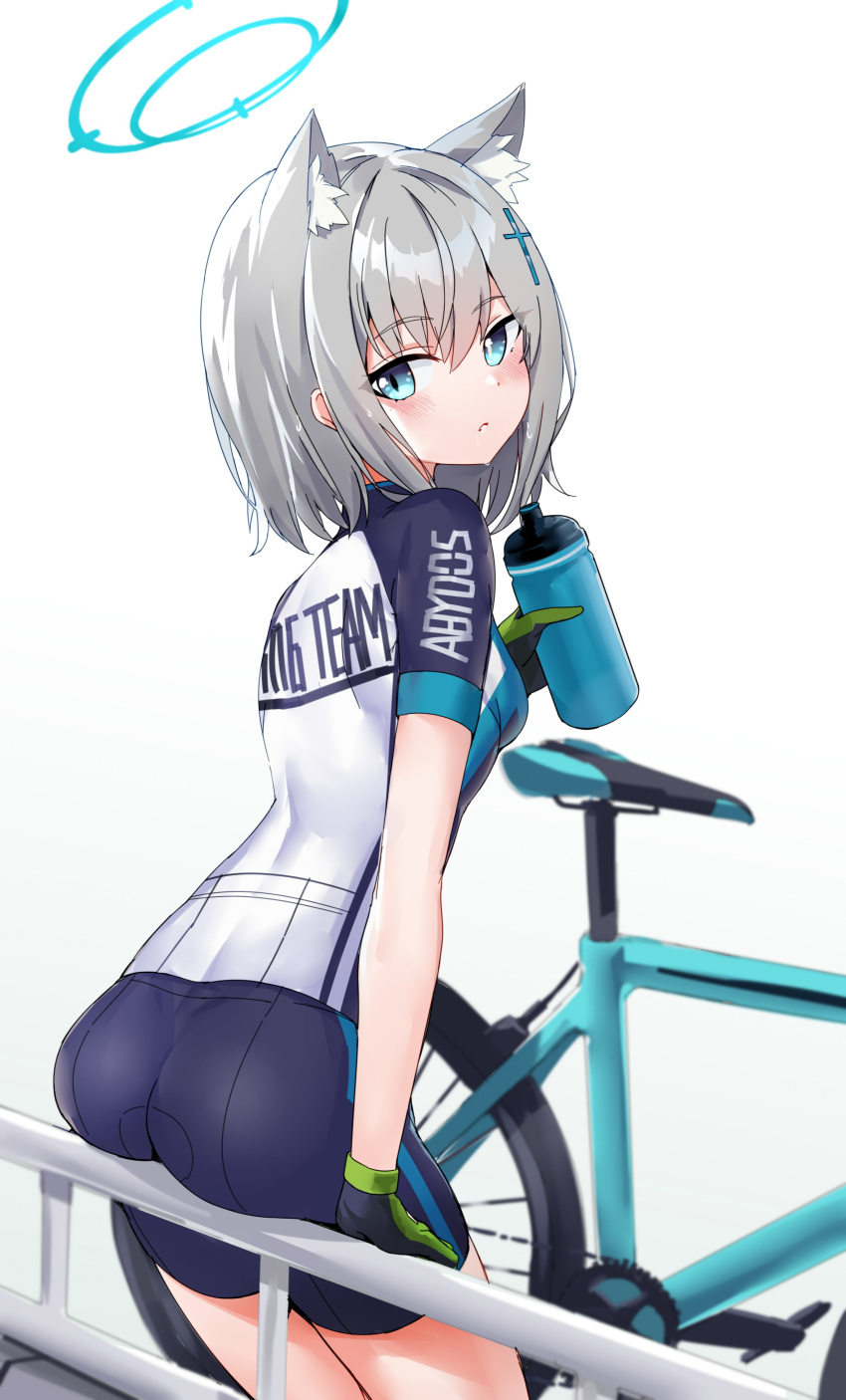 1girl absurdres animal_ear_fluff animal_ears aqua_eyes ass bicycle black_gloves blue_archive blush bottle cross_hair_ornament cycling_uniform eyebrows_visible_through_hair gloves grey_hair ground_vehicle hair_between_eyes hair_ornament halo highres holding kure_(kure_ng) looking_at_viewer mismatched_pupils shiroko_(blue_archive) shiroko_(cycling)_(blue_archive) short_hair short_sleeves shorts sitting skin_tight solo sweat symbol-only_commentary water_bottle