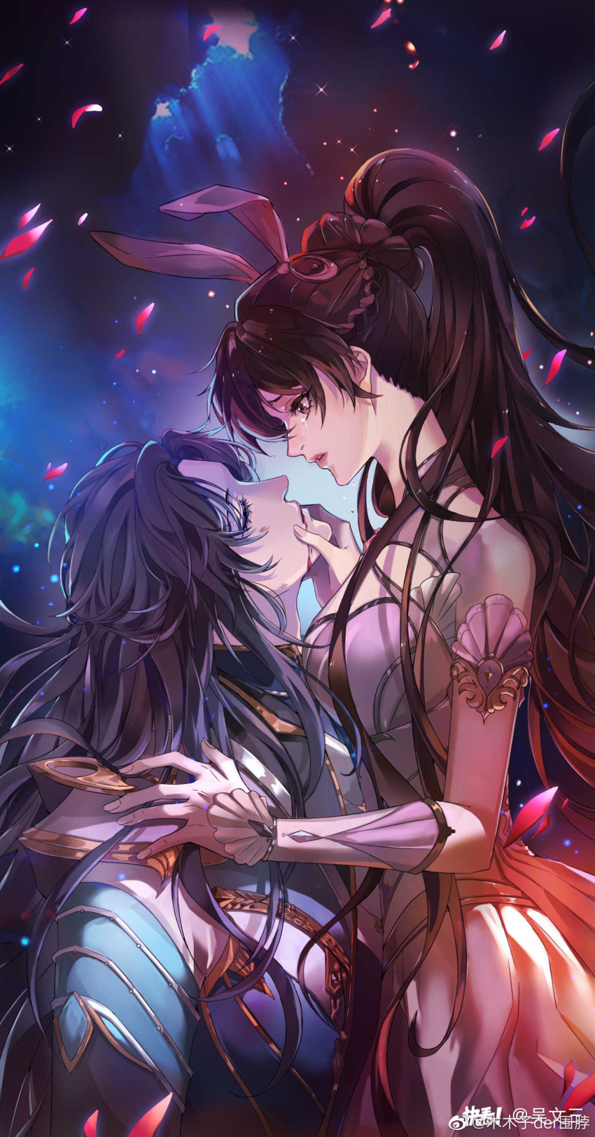 1girl absurdres bare_shoulders breasts brown_hair douluo_dalu dress hair_ornament hand_on_own_face highres large_breasts long_hair mu_muzi_der_weibo petals pink_dress ponytail staring tang_san weibo_id weibo_logo xiao_wu_(douluo_dalu)
